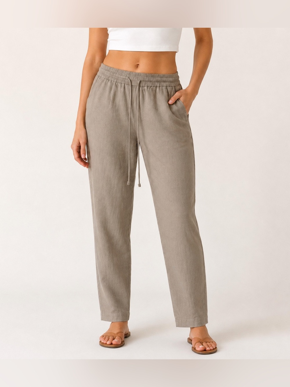 NWT Fashion Bug Women’s Size Small Beige Linen Rayon Pull-On Wide Leg Pants